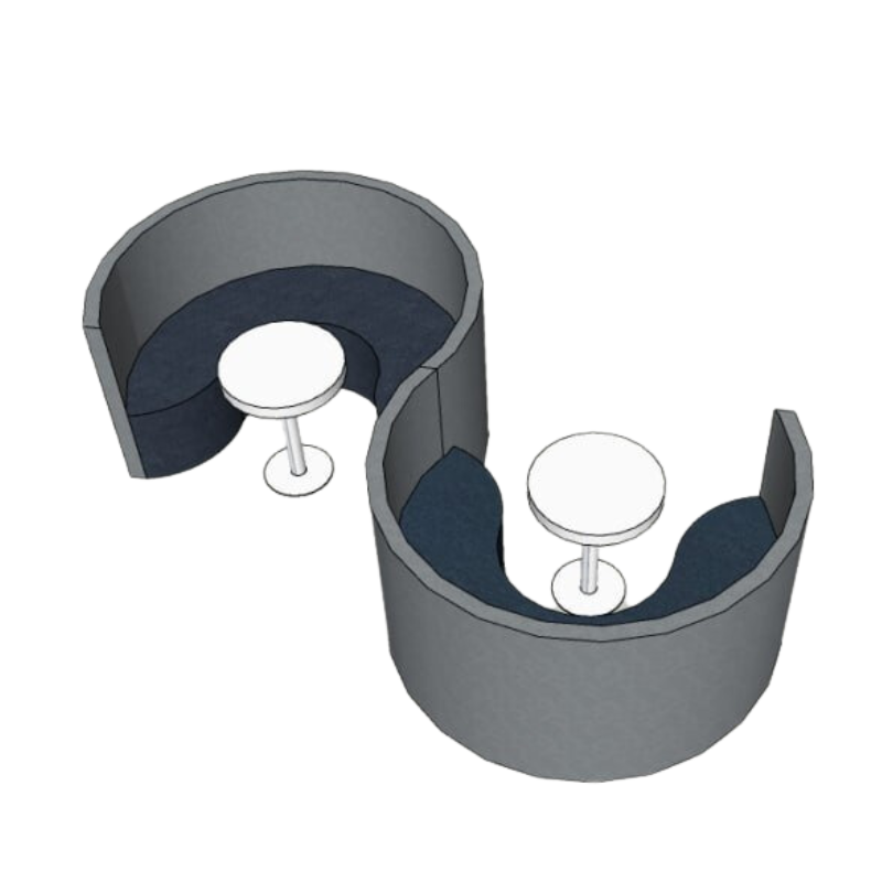 A rendering of a round gray sofa made of polymer concrete with circular tables built into the seating area, set against a white background.
