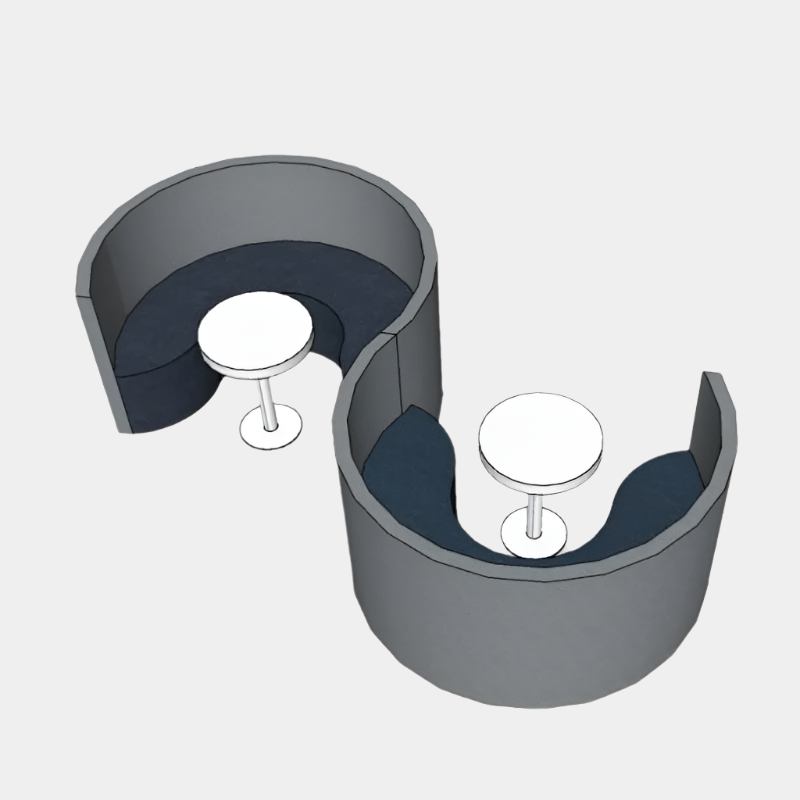 A rendering of a round gray sofa made of polymer concrete with circular tables built into the seating area, set against a white background.